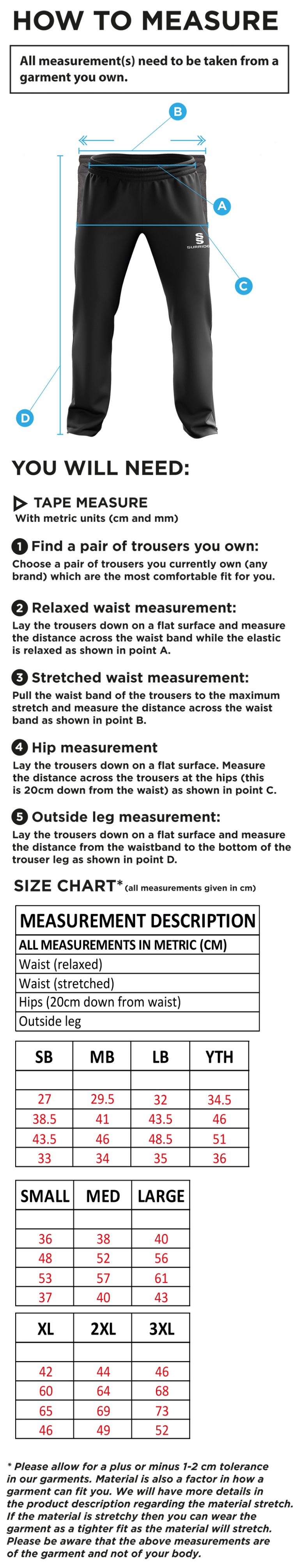 Hinckley Amateurs CC - Ripstop Tracksuit Pants - Size Guide