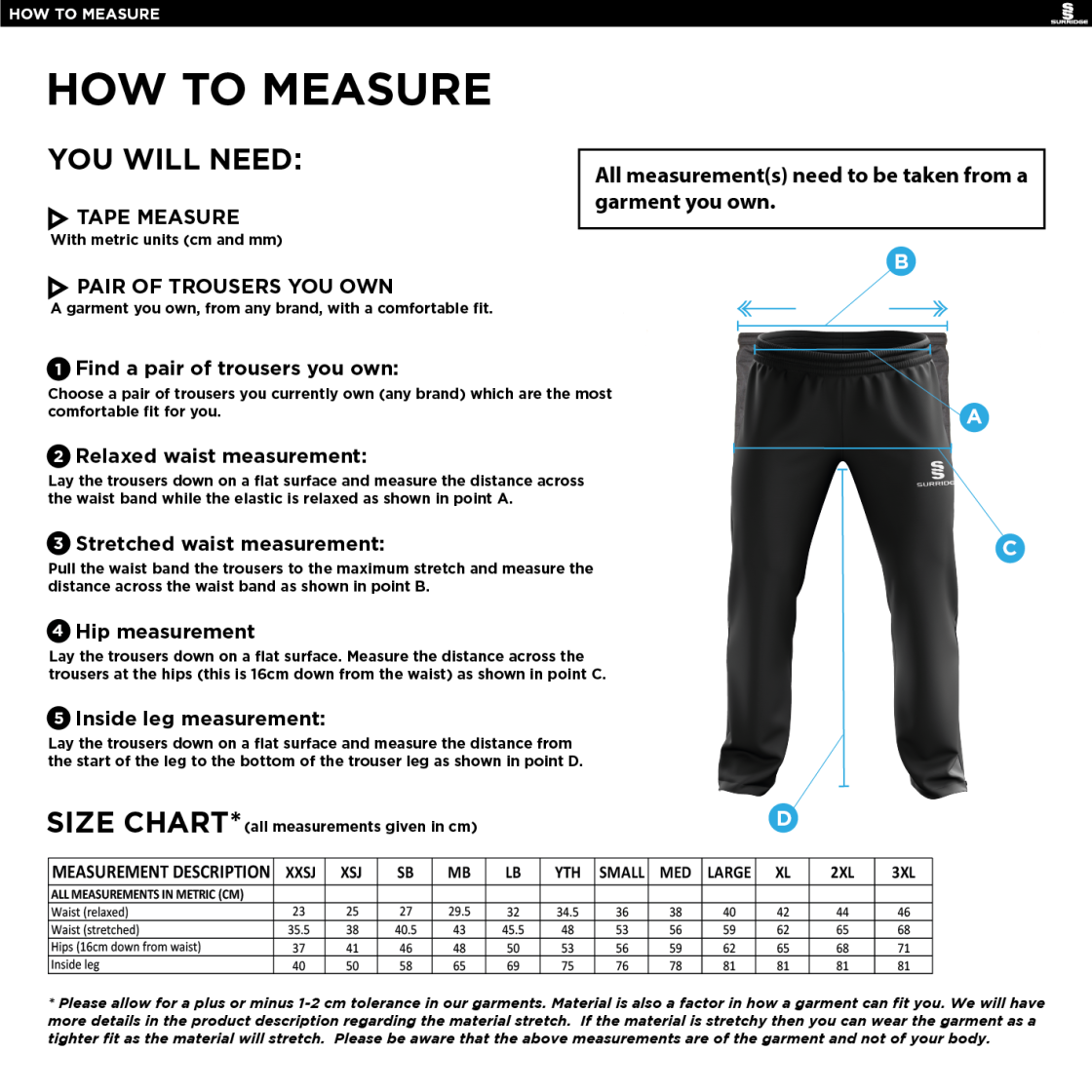 HINCKLEY AMATEURS CC Classic Tracksuit Pant 3/4 Zip Length Navy Mens - Size Guide