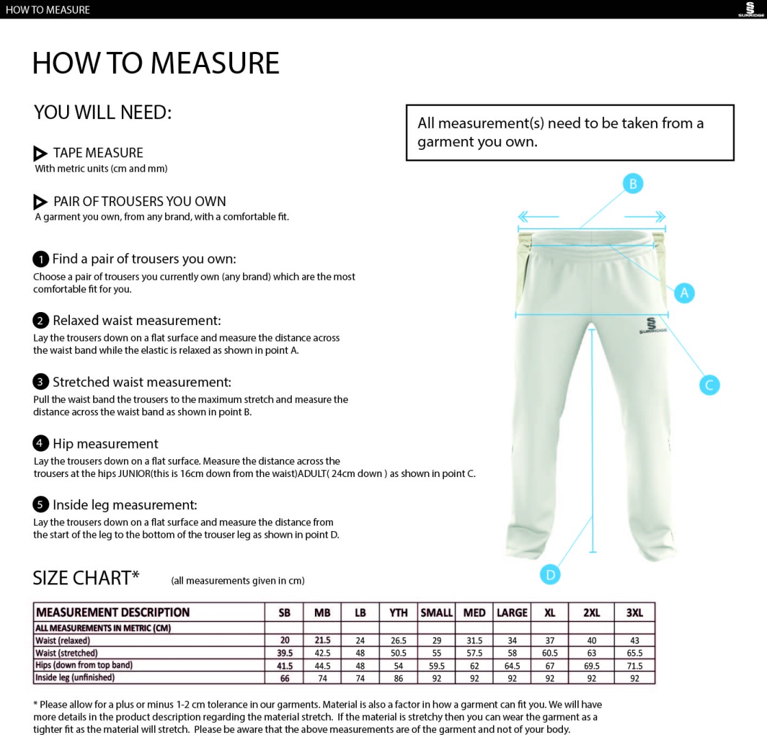 Hinckley Amateurs CC - Standard Playing Pant - Size Guide