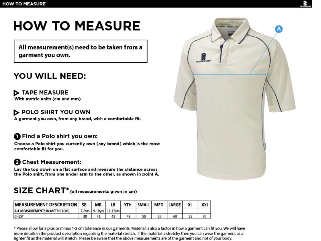 Hinckley Amateurs CC - 3/4 Premier Shirt - Size Guide