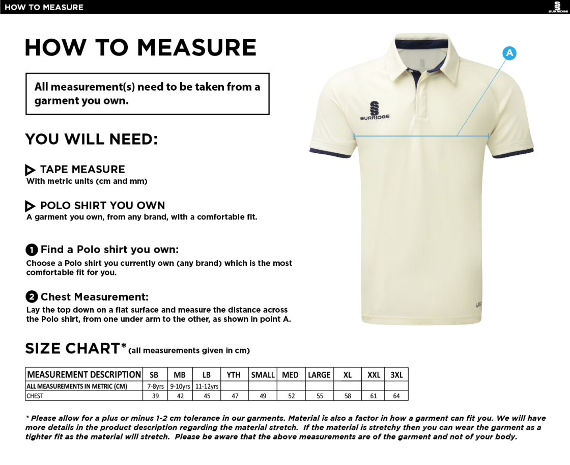 Hinckley Amateurs CC - Tek Short Sleeve Playing Shirt - Size Guide