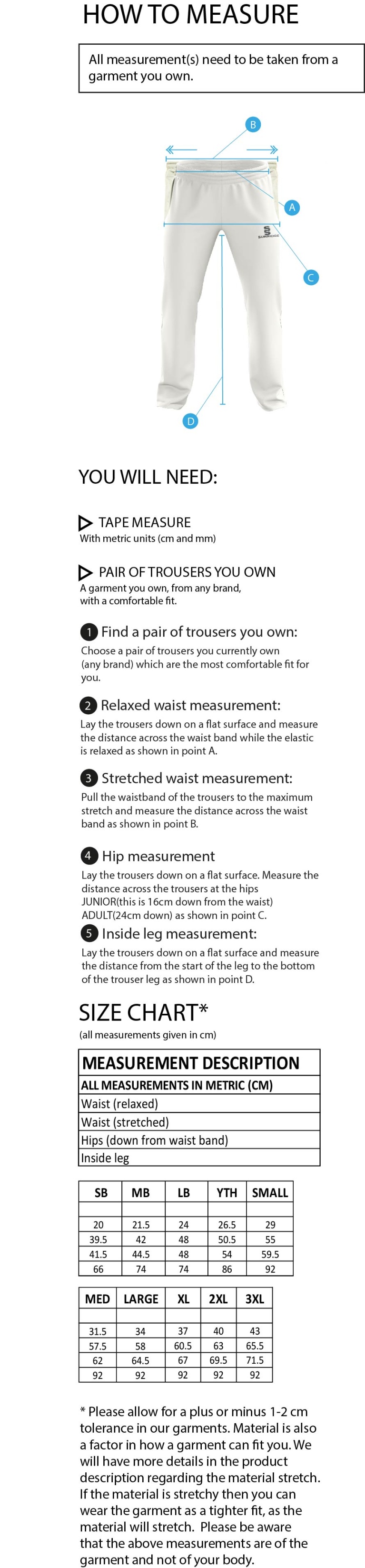 Hinckley Amateurs CC - Standard Playing Pant - Size Guide