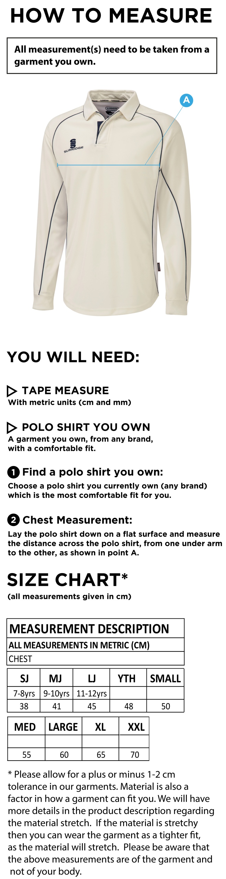 Hinckley Amateurs CC - Premier Long Sleeve Shirt - Size Guide