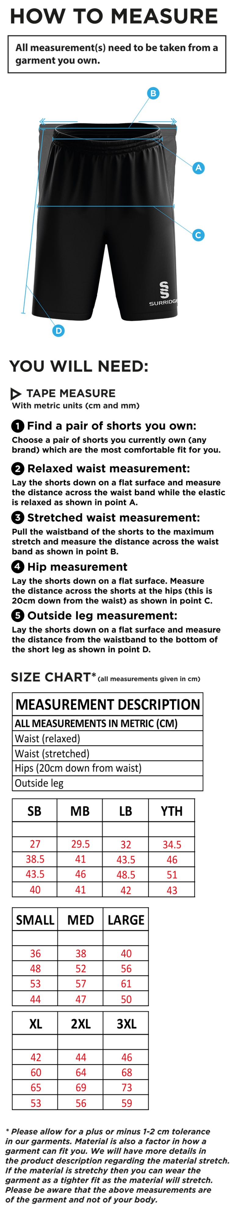 Hinckley Amateurs CC - Ripstop Training Shorts - Size Guide