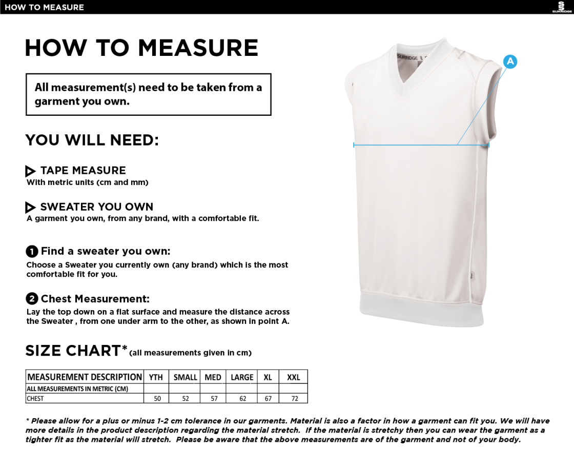 Hinckley Amateurs CC - Sleeveless Sweater - Size Guide