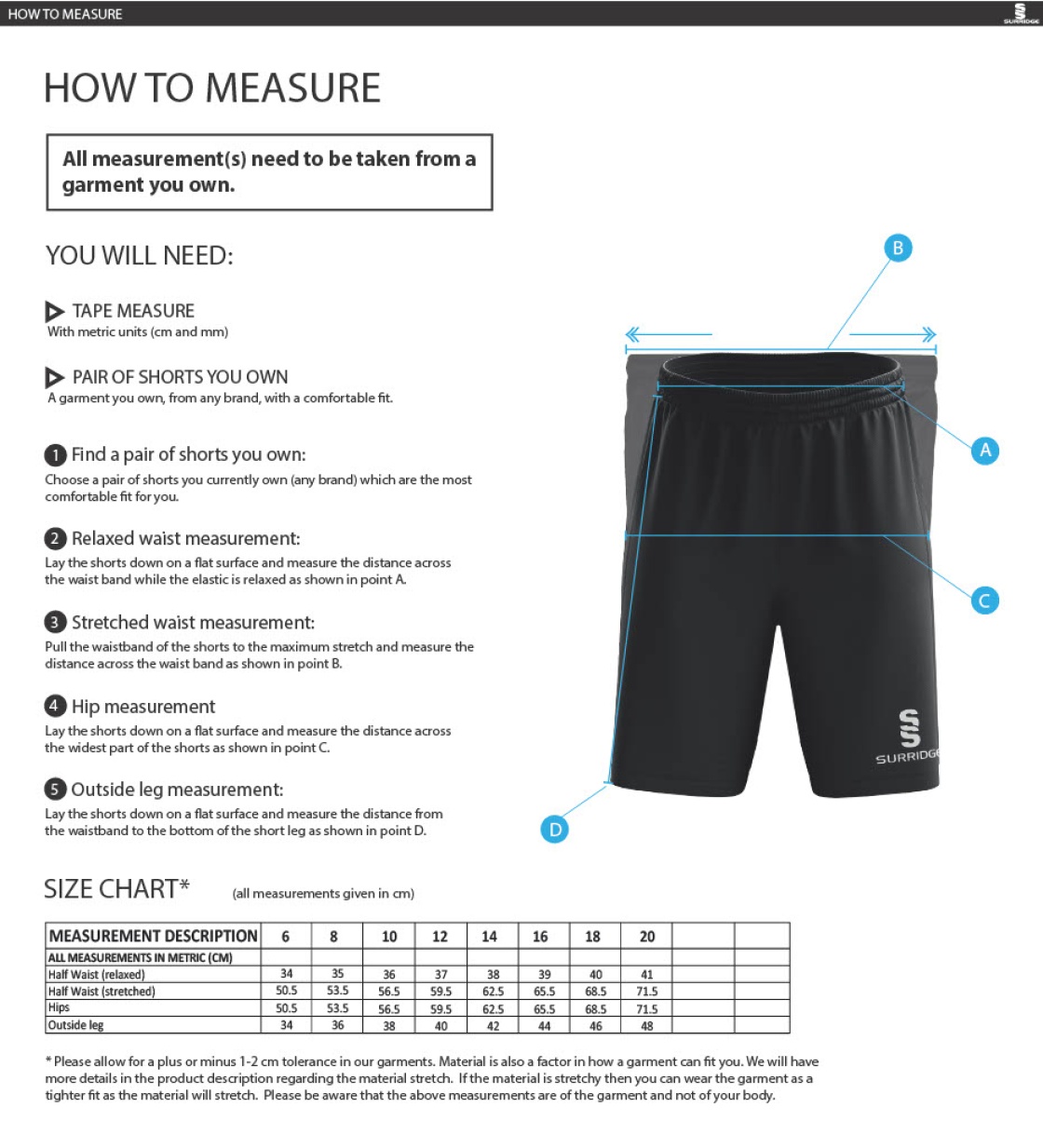 Hinckley Amateurs CC - Women's Ripstop Shorts - Size Guide