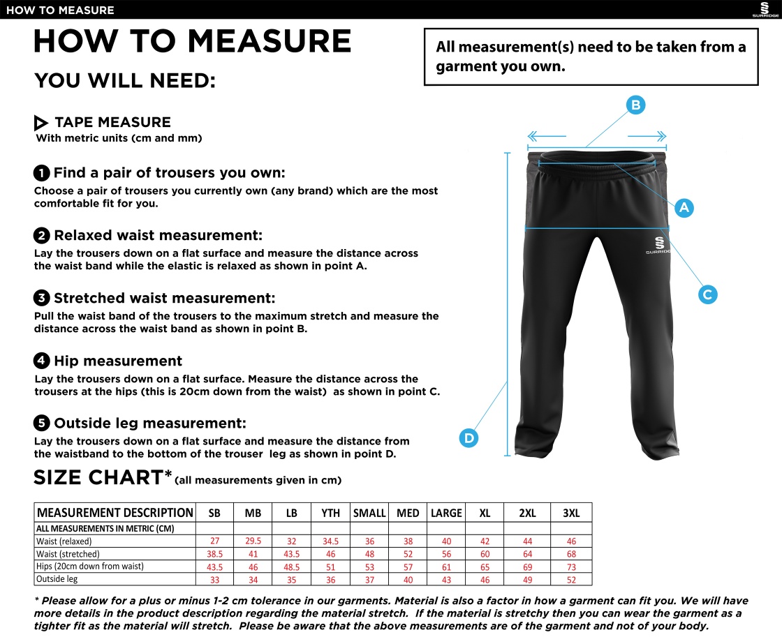 Hinckley Amateurs CC - Ripstop Tracksuit Pants - Size Guide