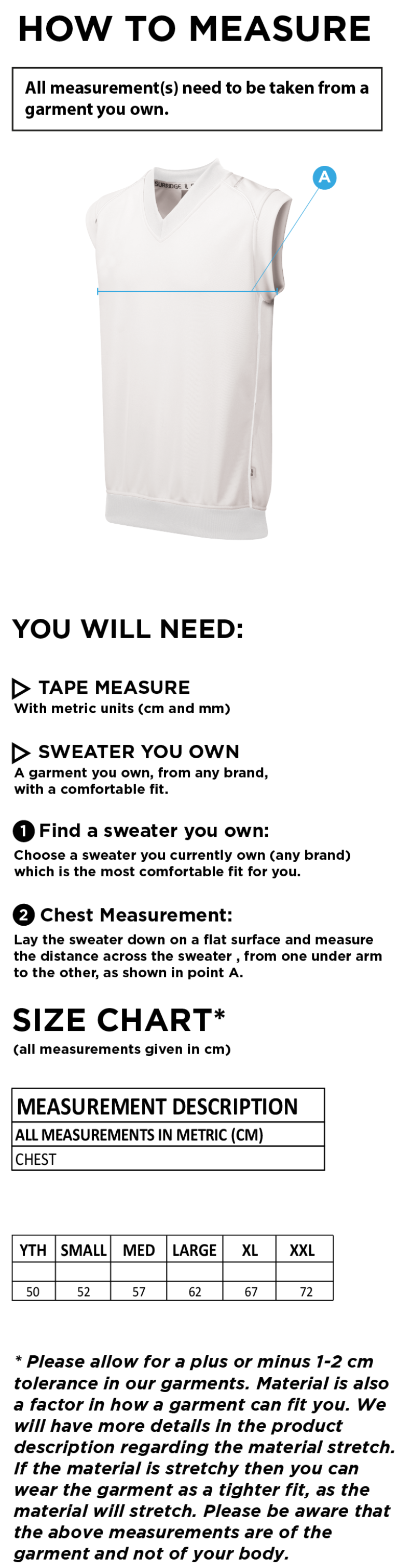 Hinckley Amateurs CC - Sleeveless Sweater - Size Guide
