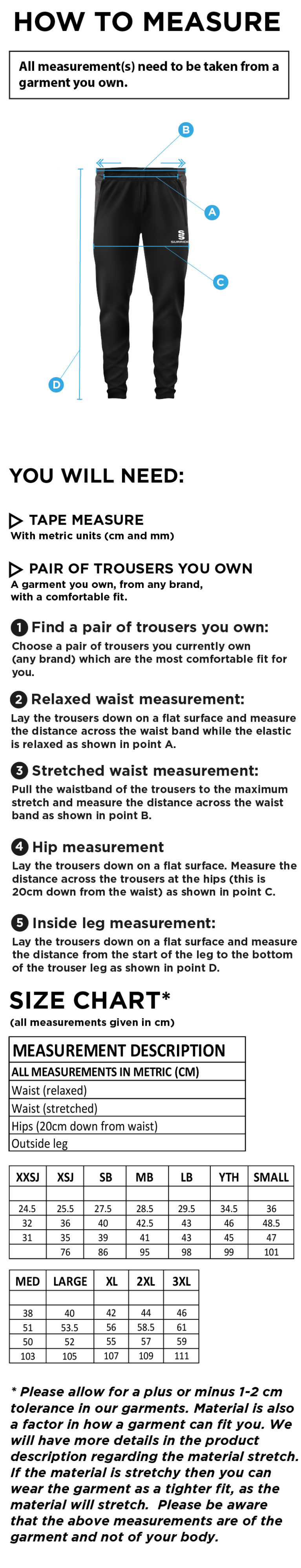 Hinckley Amateurs CC - Tek Skinny Pants - Size Guide