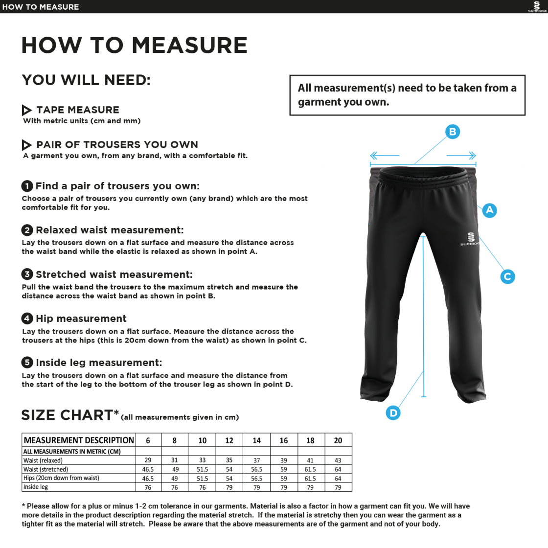 HINCKLEY AMATEURS CC Classic Tracksuit Pant 3/4 Zip Length Navy Female - Size Guide