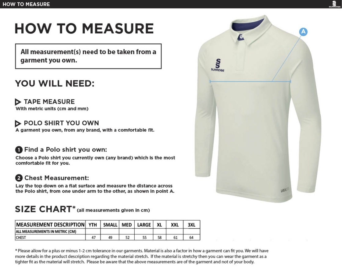 Hinckley Amateurs CC - Tek Long Sleeve Playing Shirt - Size Guide