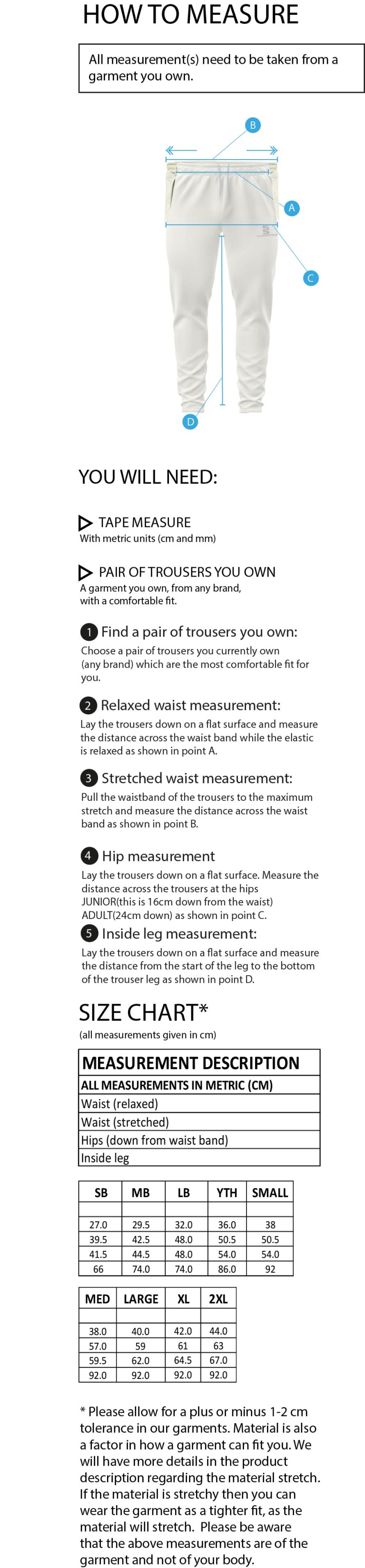 Hinckley Amateurs CC - Tek Trousers - Size Guide